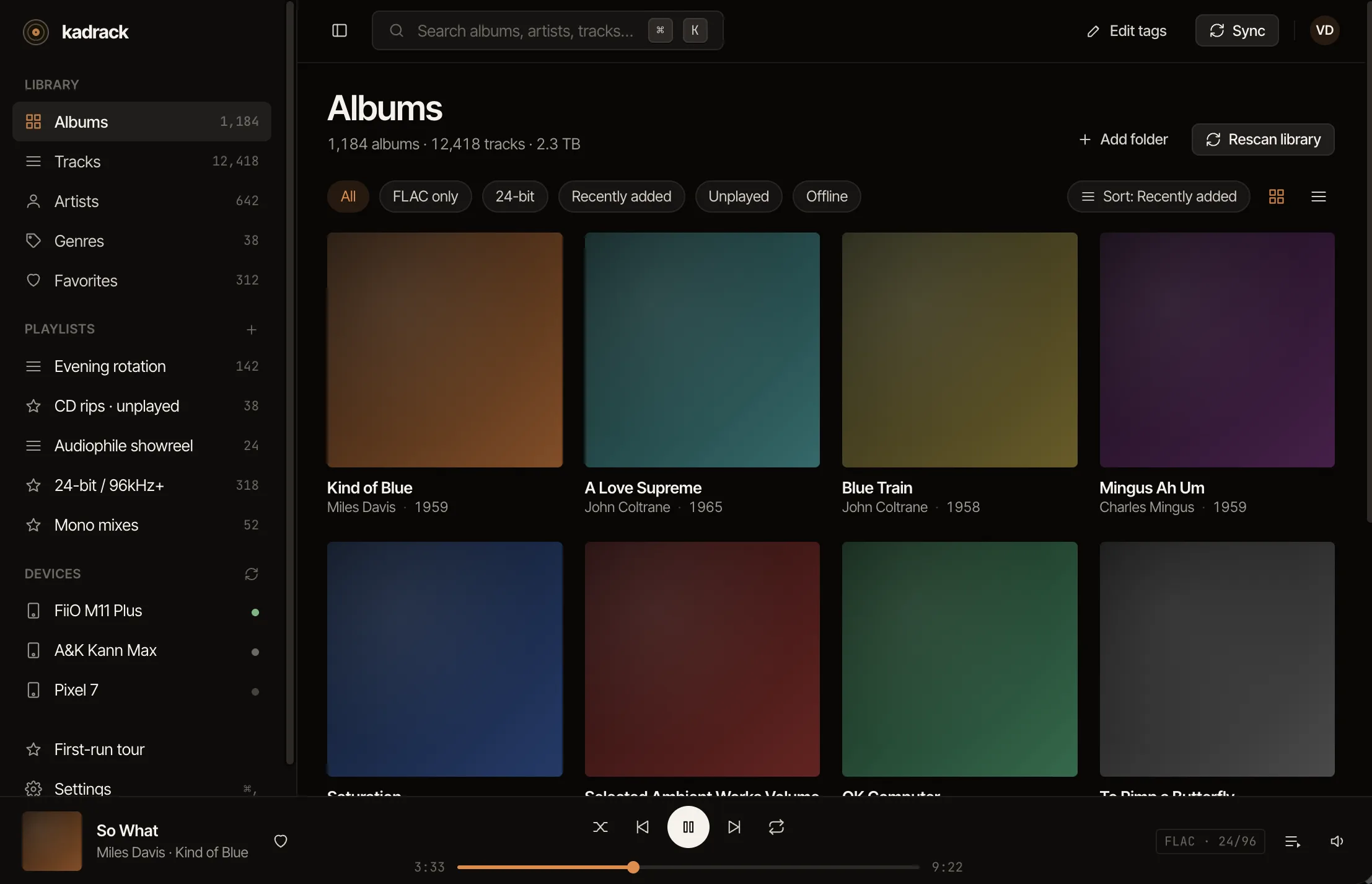 Kadrack Player — album library view
